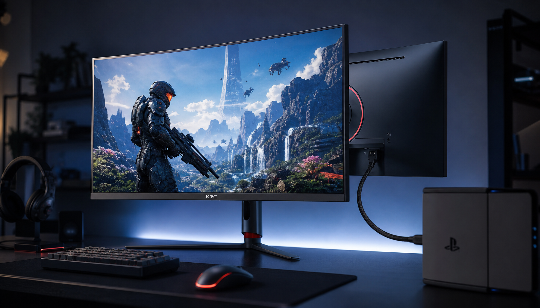Gaming monitor connected via HDMI 2.1 cable showing a 4K high-refresh scene, representing HDMI Forum VRR in a console gaming setup
