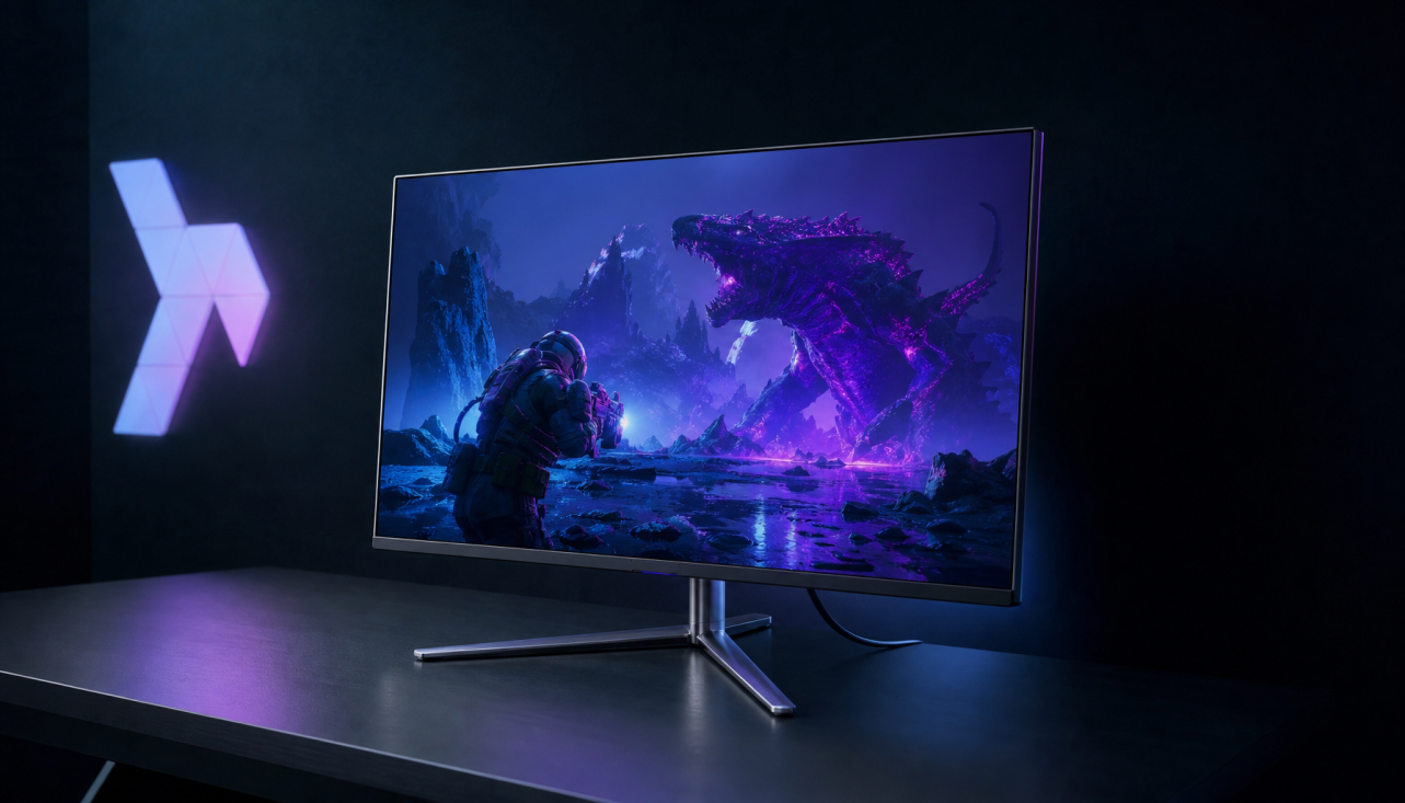 Gaming monitor connected via HDMI cable in a dark gaming room setup, screen glowing with an in-game image
