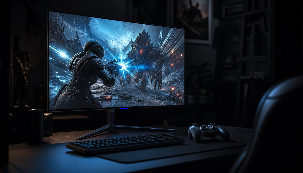 Gaming monitor displaying 120Hz gameplay in a dim gaming room with controller and keyboard on desk
