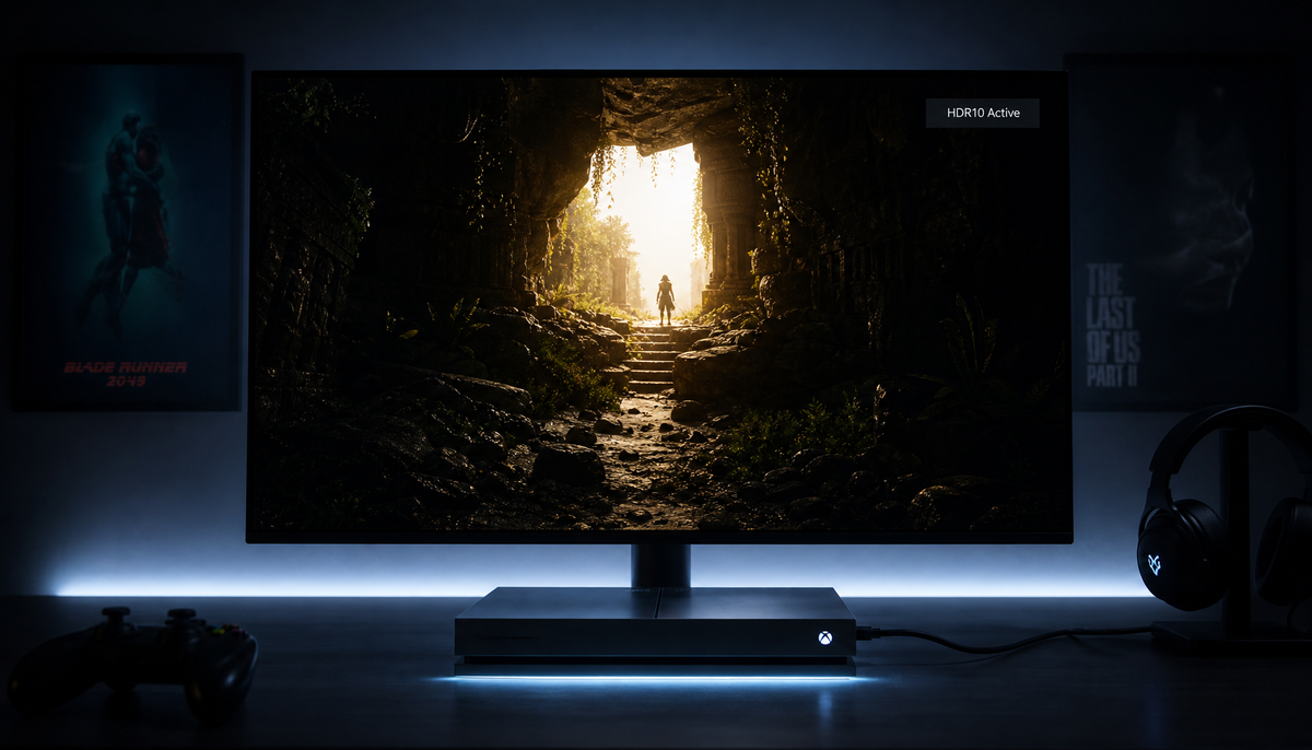 Gaming monitor displaying HDR content from a console with OSD confirmation overlay showing HDR10 active signal