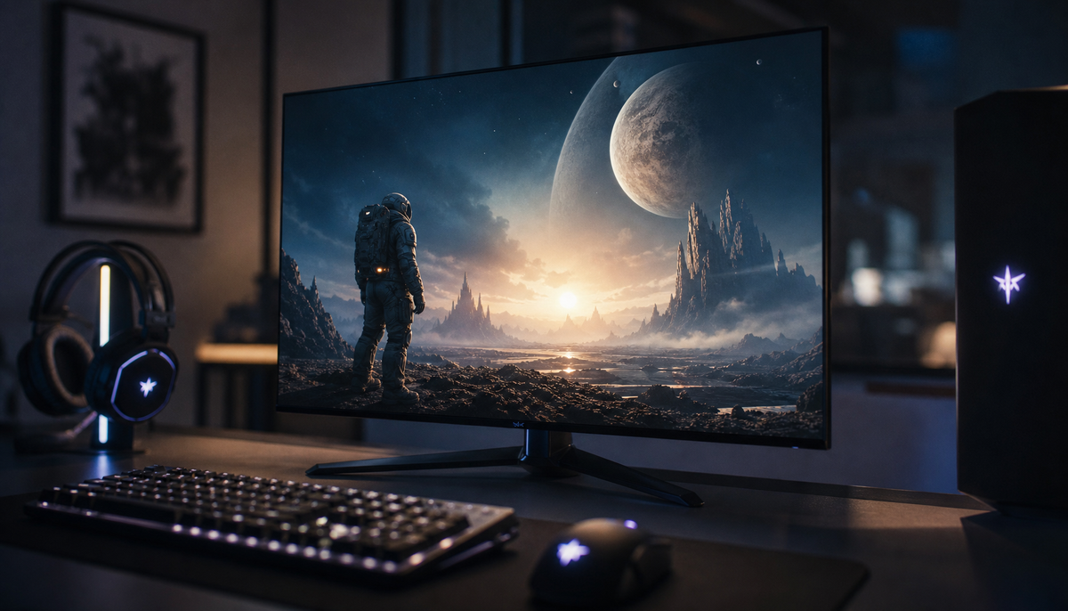Gaming monitor displaying HDR content in a dark room setup