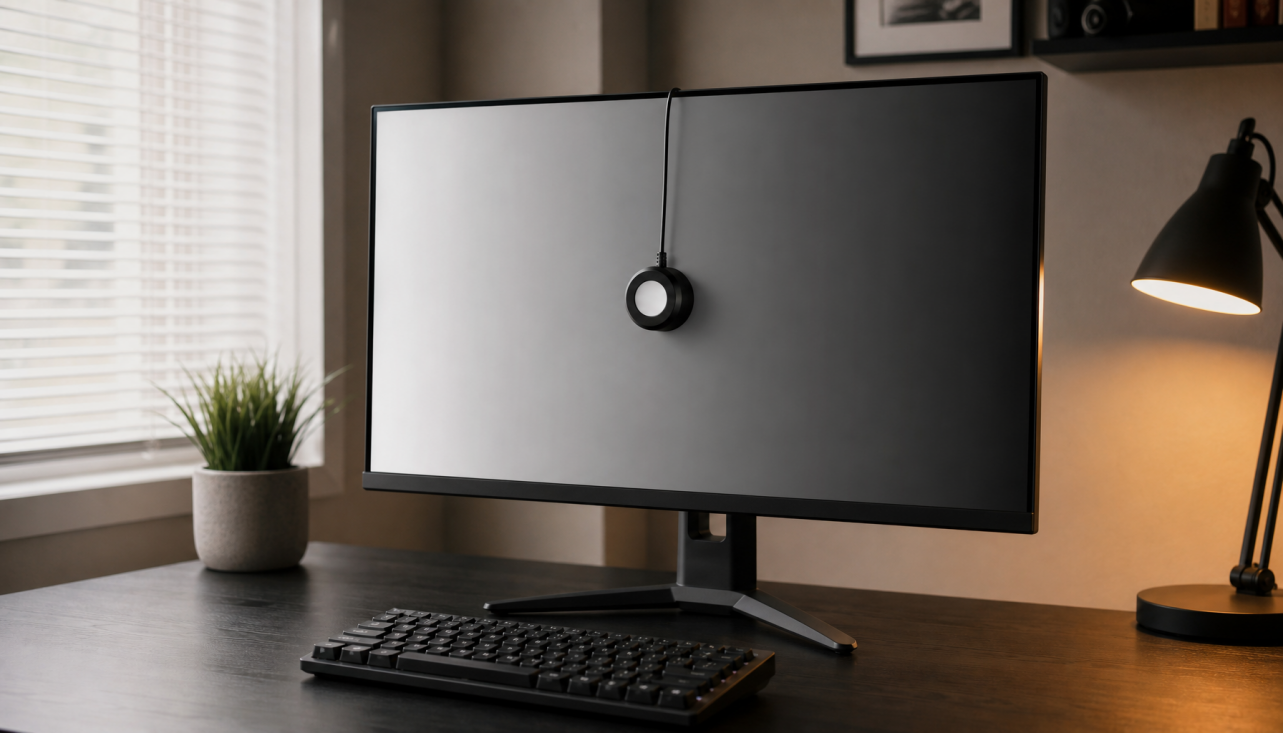 Gaming monitor displaying a calibration gray ramp on a home office desk with a colorimeter probe placed on the screen