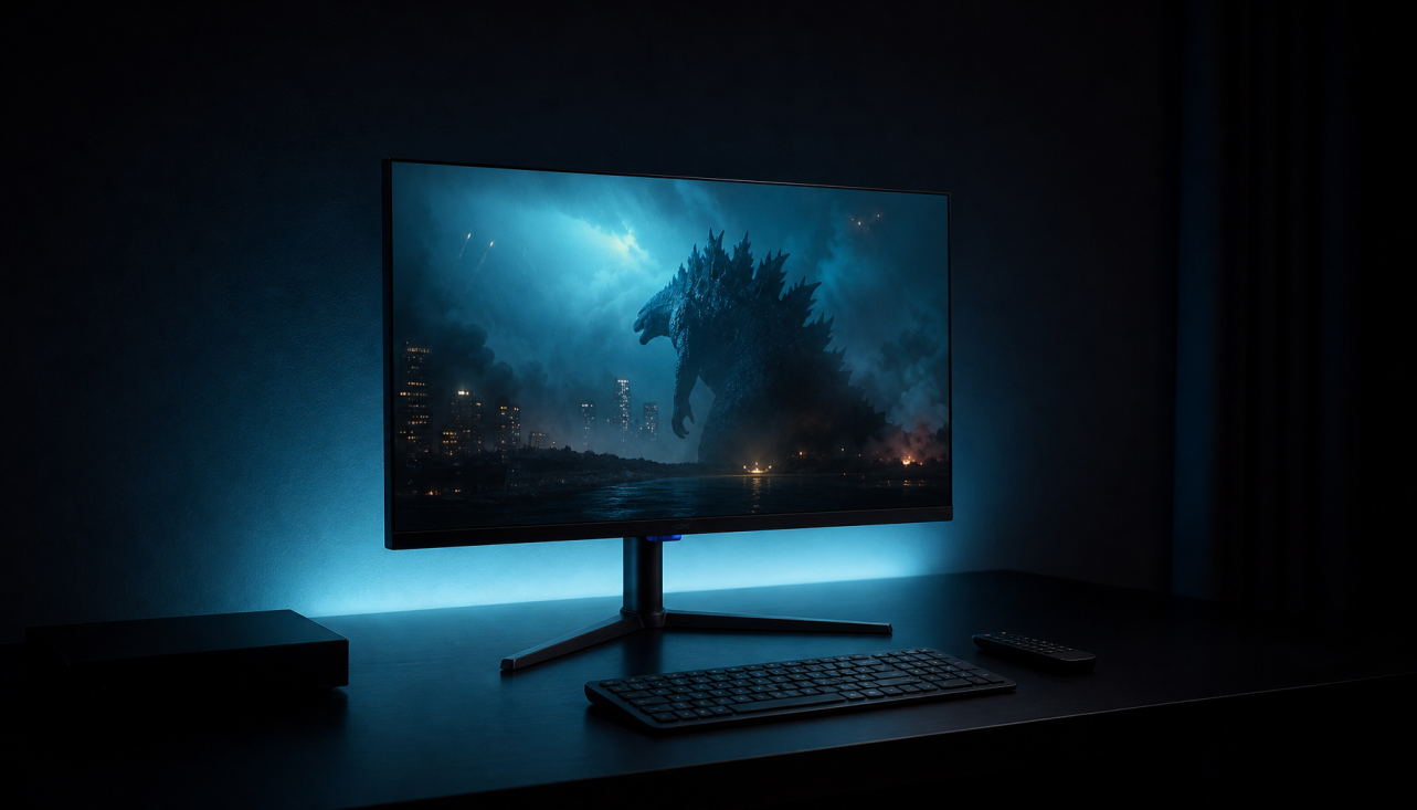 Gaming monitor displaying a cinematic movie scene in a dim room, illustrating 144Hz vs 60Hz movie playback quality