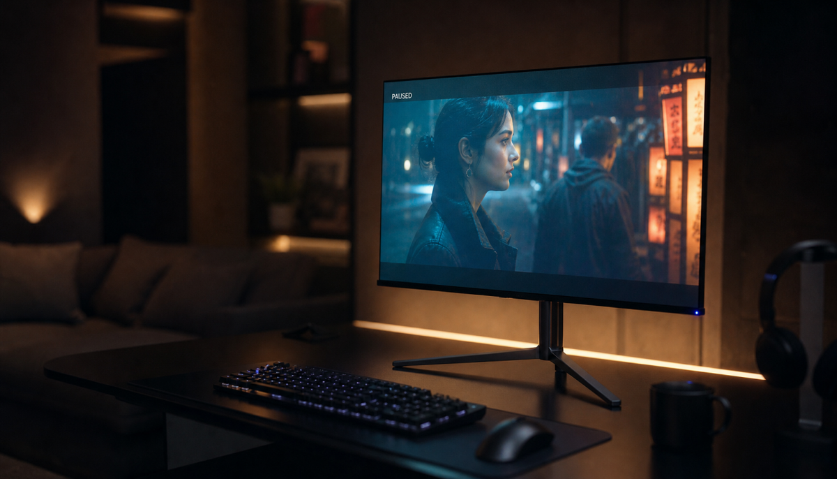 Gaming monitor displaying a cinematic scene in a dark living room, showing Adaptive Sync display technology in a streaming context