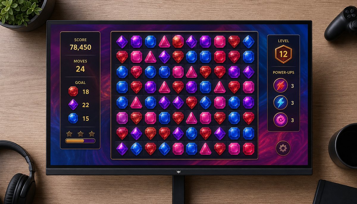Gaming monitor displaying a colorful tile puzzle game with vivid color-coded gems, illustrating how display accuracy affects puzzle solving