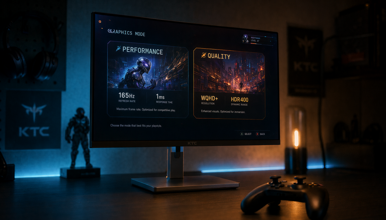 Gaming monitor displaying a console graphics mode selection menu with Performance and Quality options in a dark gaming setup