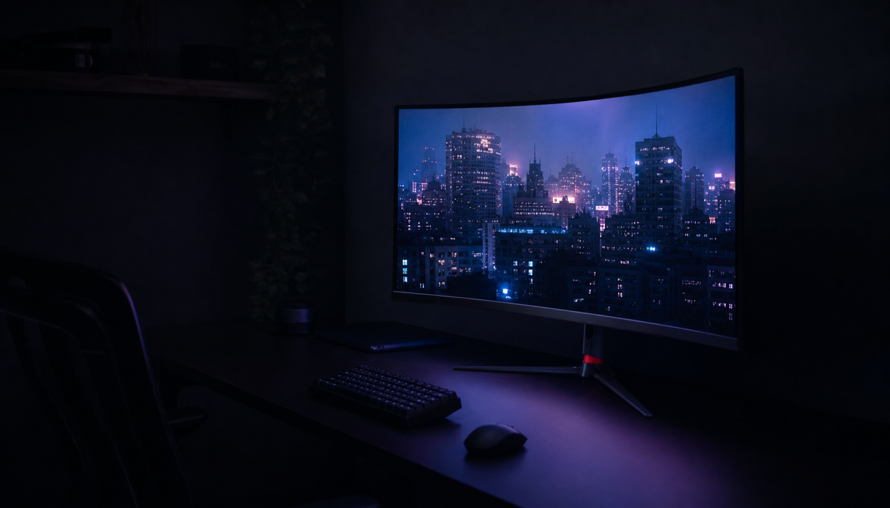 Gaming monitor displaying a dark cinematic scene in a dim room, illustrating the effect of gamma settings on black level depth