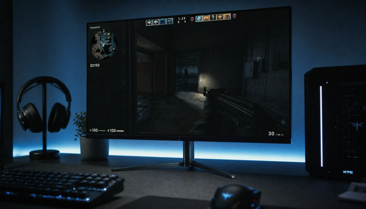 Gaming monitor displaying a dark competitive shooter scene in a dimly lit desk setup, illustrating how gamma settings affect shadow visibility and input lag