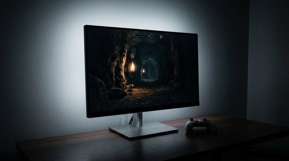 Gaming monitor displaying a dark scene from a console game in a dim room, showing deep shadow detail