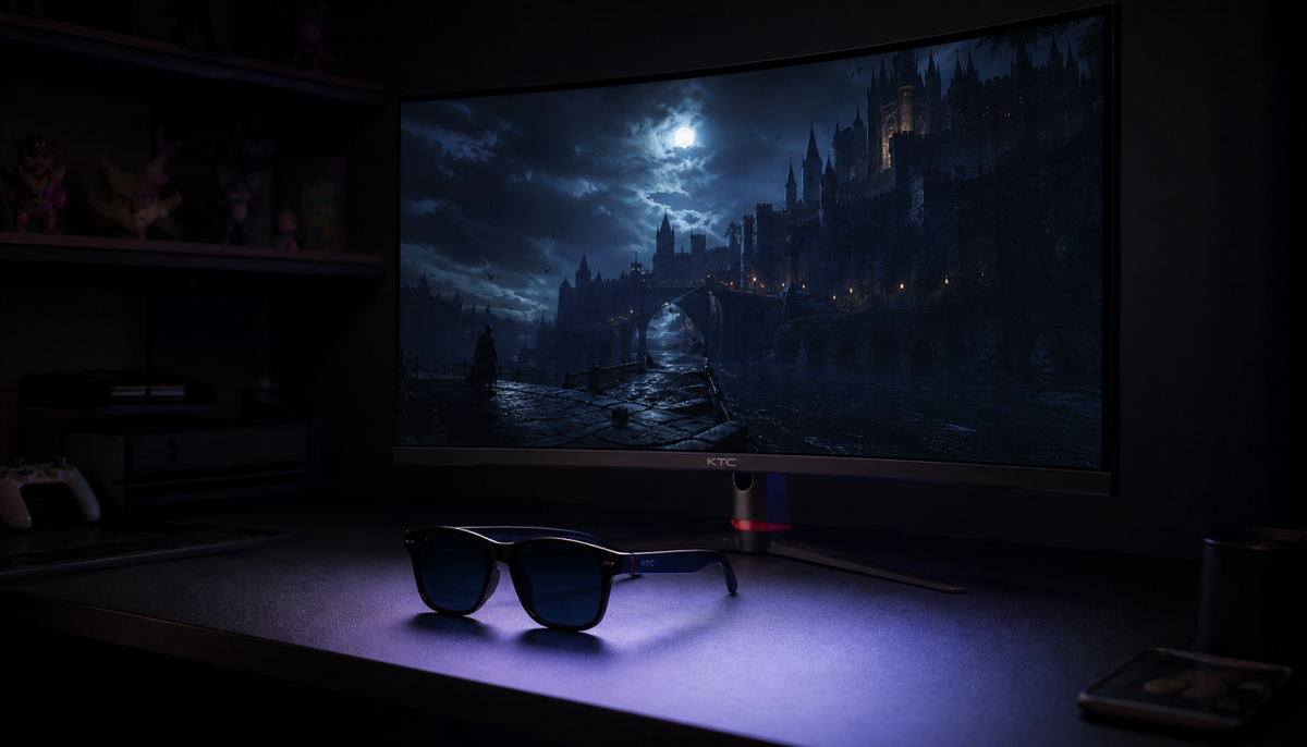 Gaming monitor displaying a dark scene with polarized sunglasses resting on the desk in front of it