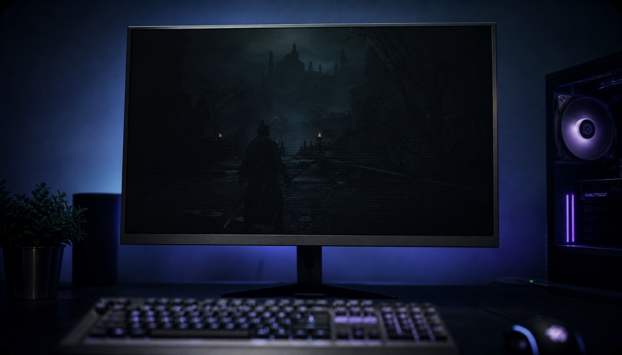 Gaming monitor displaying a dark scene with subtle luminance banding suggesting display flicker