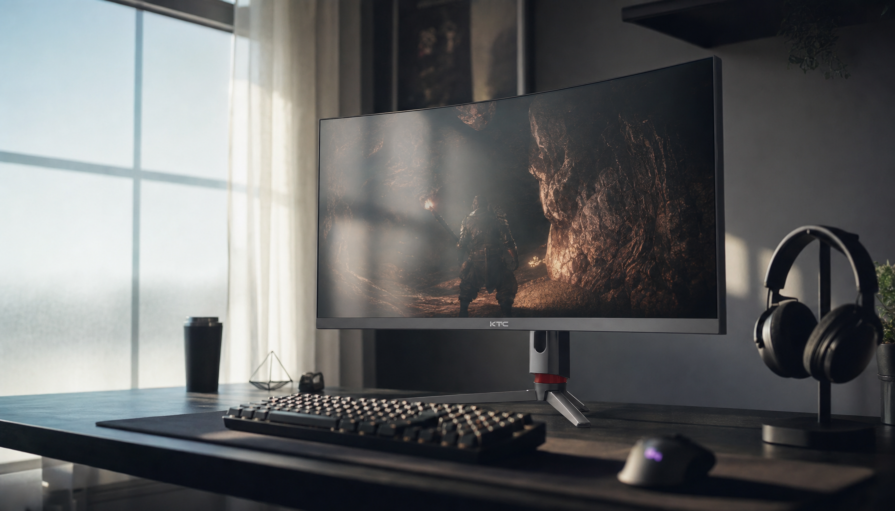 Gaming monitor displaying a dark scene with window light reflection washing out shadow detail on screen