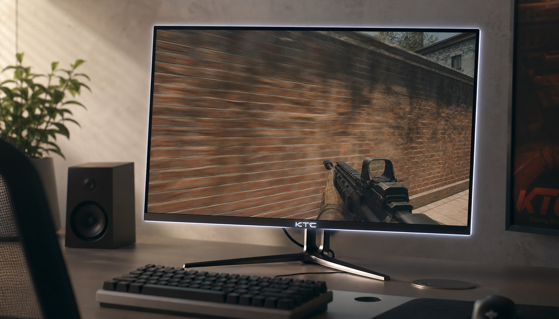 Gaming monitor displaying a fast camera pan across a brick wall with motion shimmer and temporal aliasing artifacts visible on the screen