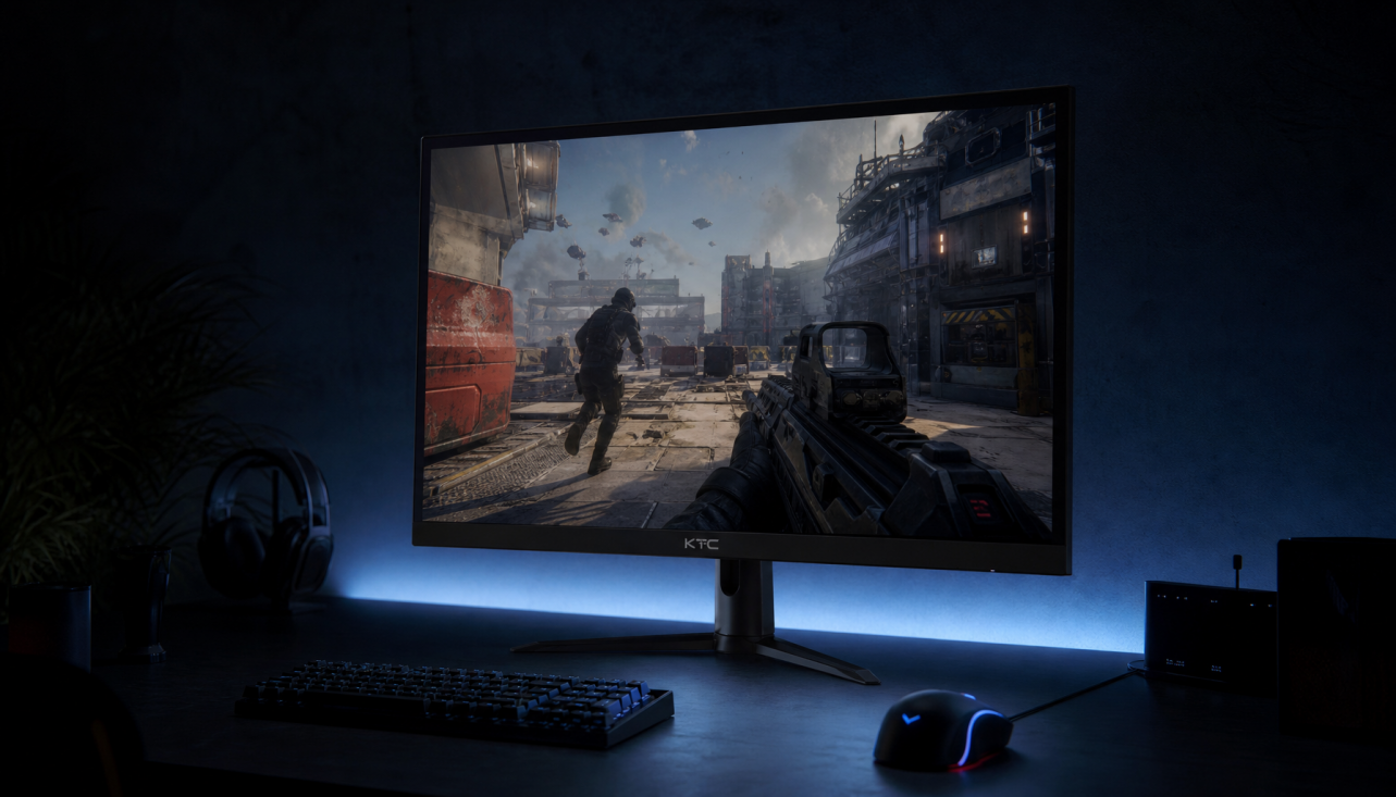 Gaming monitor displaying a fast-moving FPS scene in a dark room, illustrating the motion clarity achievable with backlight strobing on high-refresh gaming displays