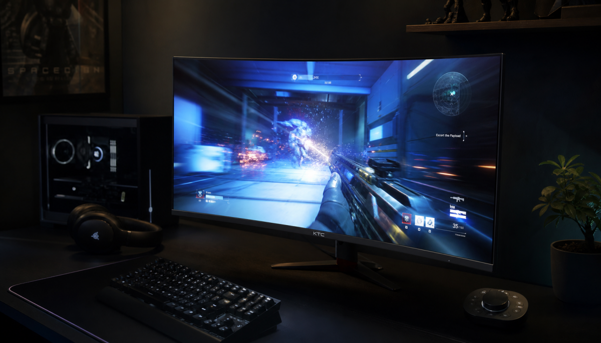 Gaming monitor displaying a fast-paced FPS game in a dim room, illustrating the challenge of balancing refresh rate speed with motion clarity