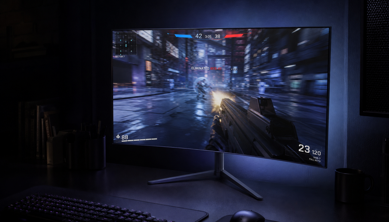 Gaming monitor displaying a fast-paced game at high refresh rate in a dark gaming room