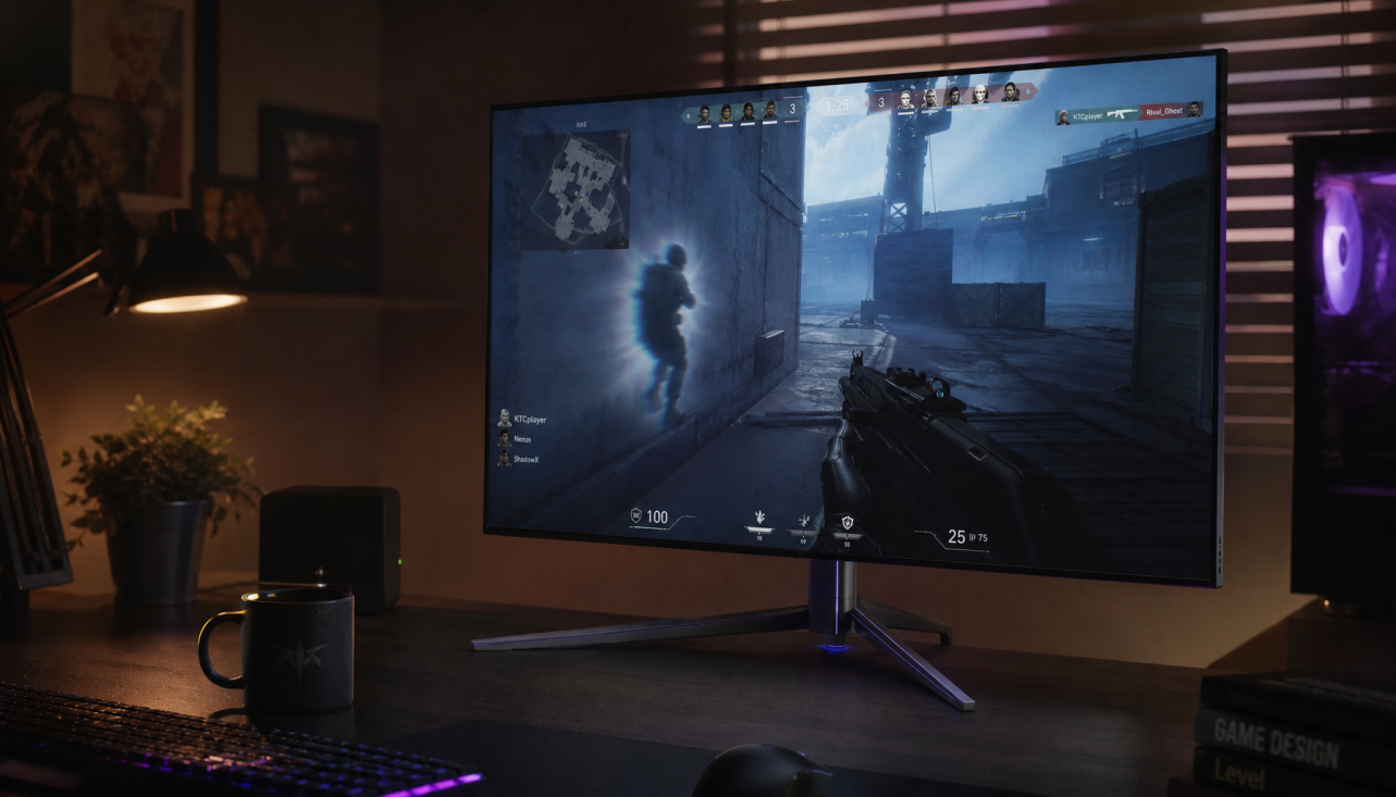 Gaming monitor displaying a first-person shooter with a visible overdrive halo artifact around a moving character