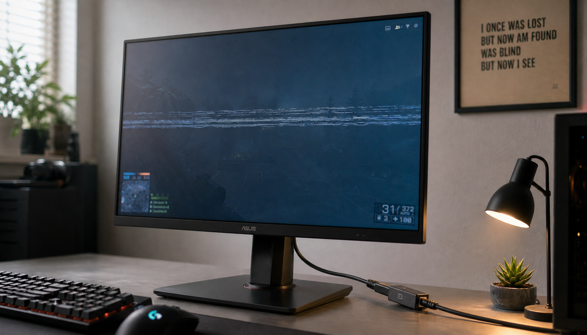 Gaming monitor displaying a flicker artifact with an inline DisplayPort coupler visible in the cable run on a home-office desk