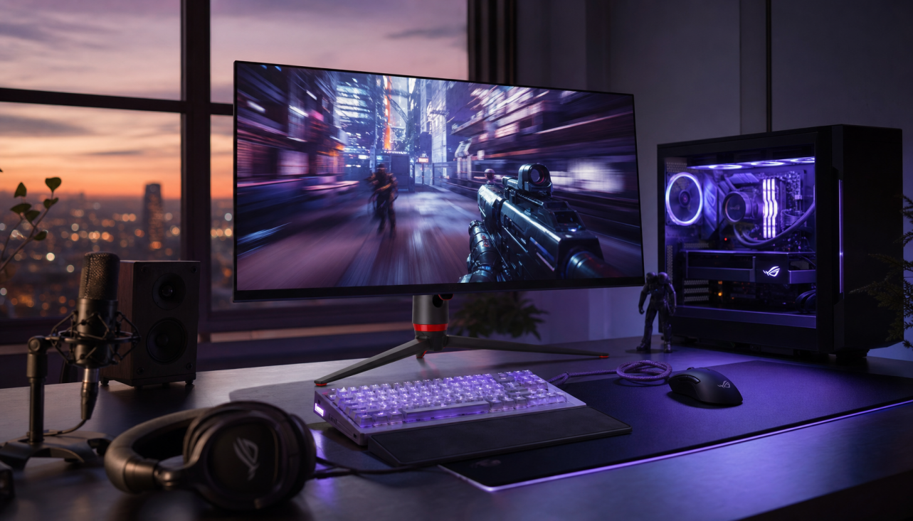Gaming monitor displaying a high-refresh-rate FPS scene on a clean streaming desk setup