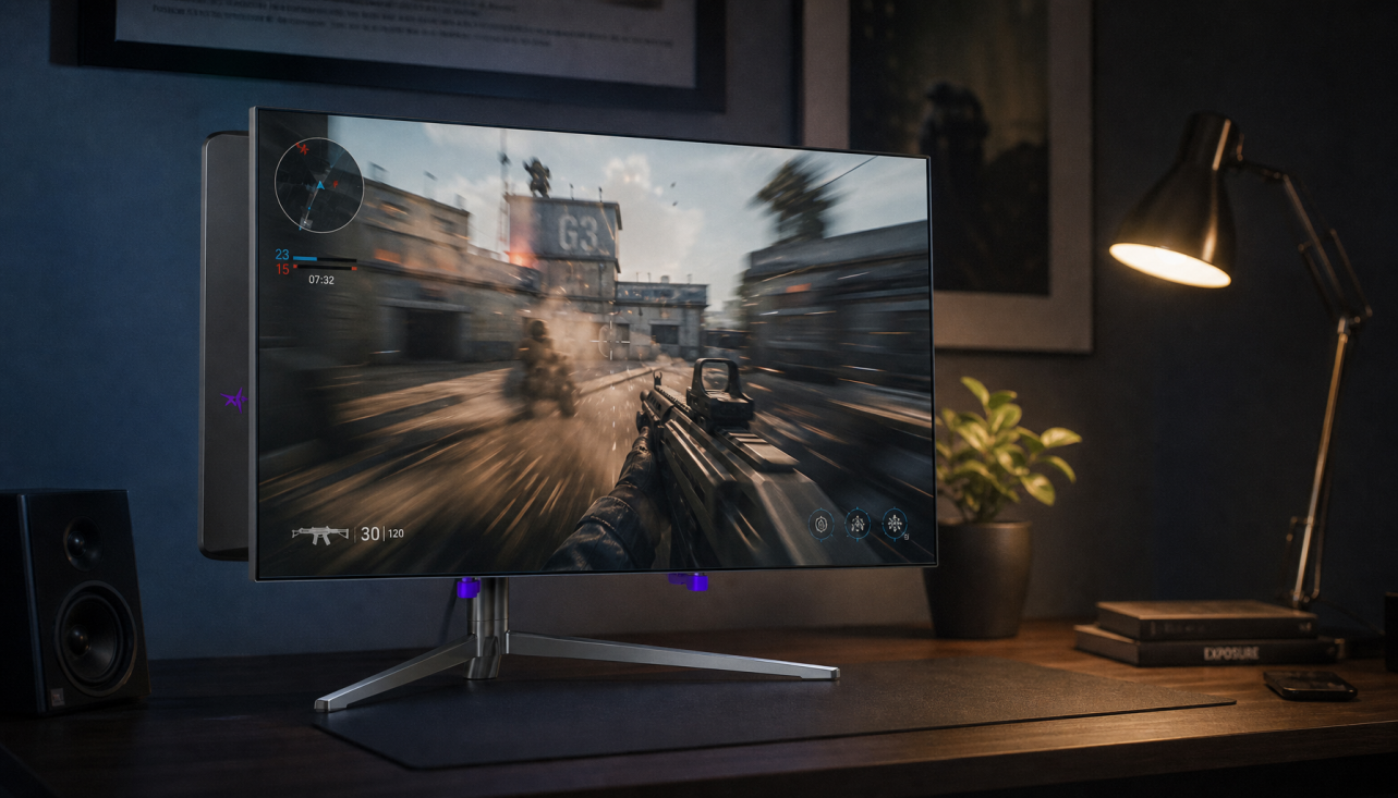 Gaming monitor displaying a high-speed in-game scene, illustrating how motion clarity depends on matching frame rate to refresh rate