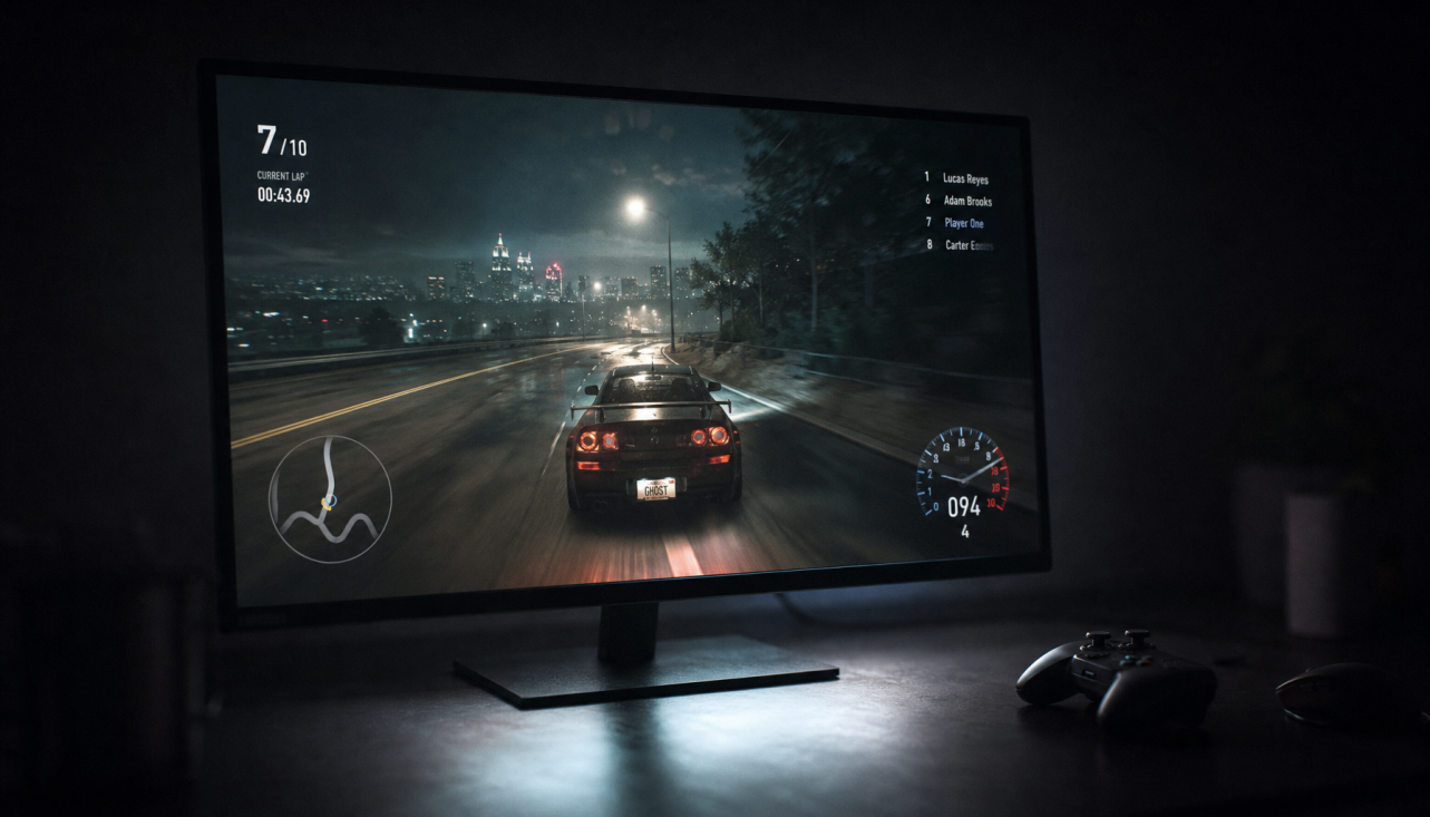 Gaming monitor displaying a night racing scene, illustrating how Low Framerate Compensation keeps Adaptive Sync active during demanding game moments
