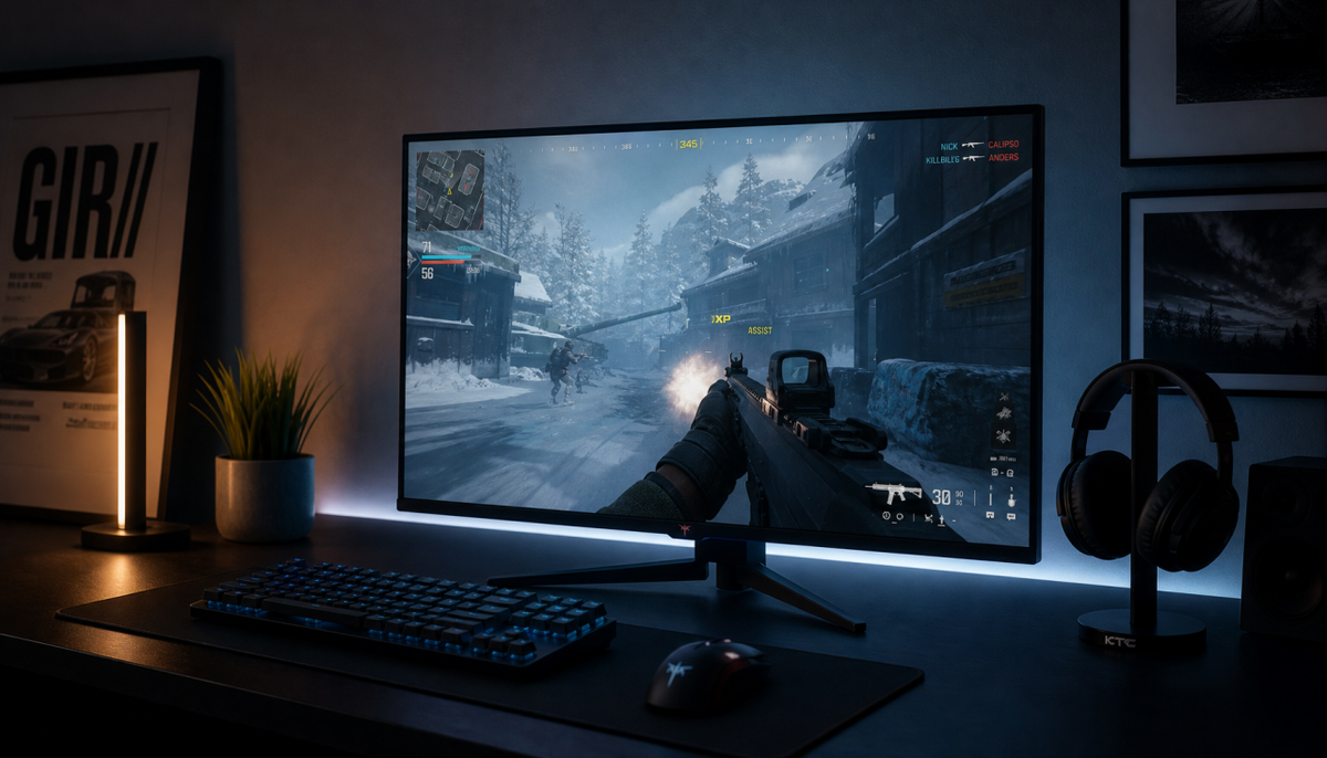 Gaming monitor displaying a sharp FPS scene, illustrating how pixel response time and screen door effect relate to display clarity