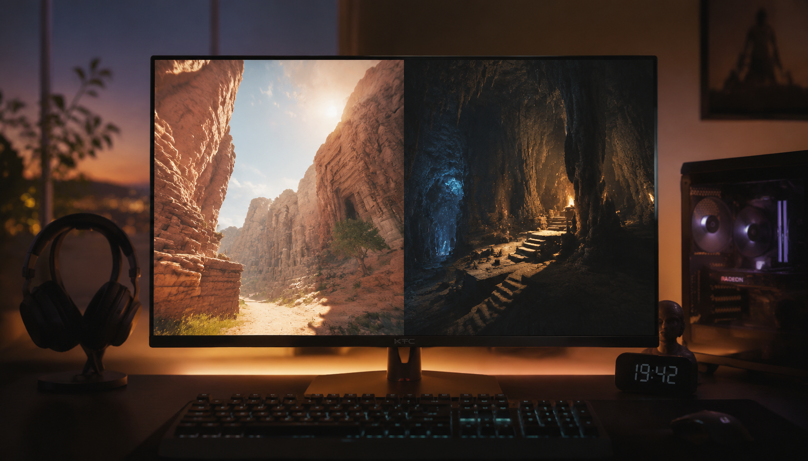 Gaming monitor displaying a side-by-side HDR comparison scene showing bright desert highlights and deep cave shadows