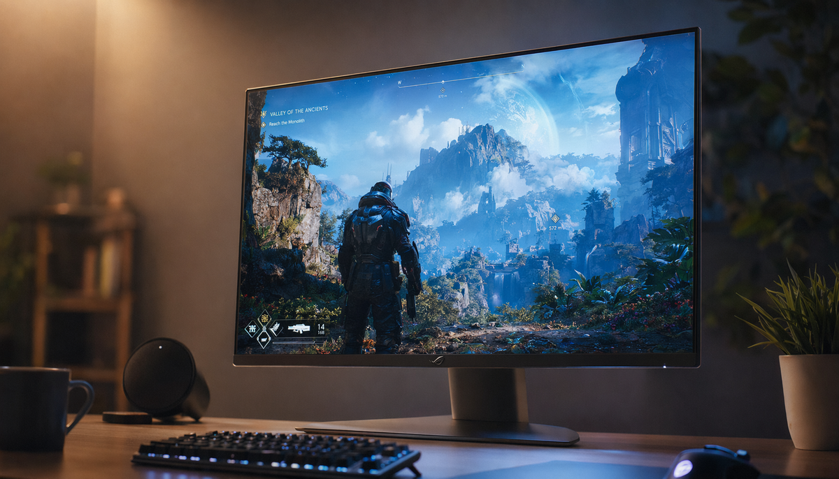 Gaming monitor displaying a vivid game scene in a dimly lit desk setup, demonstrating high-refresh-rate display performance