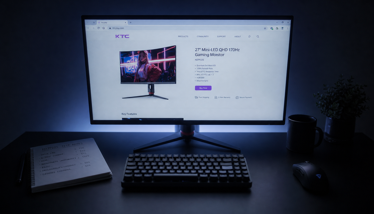 Gaming monitor displaying a white browser page at low brightness on a dark desk, set up for a flicker comfort test