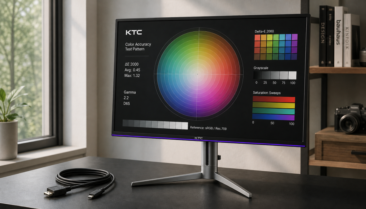 Gaming monitor displaying color accuracy test pattern with DisplayPort and USB-C cables on a clean desk setup