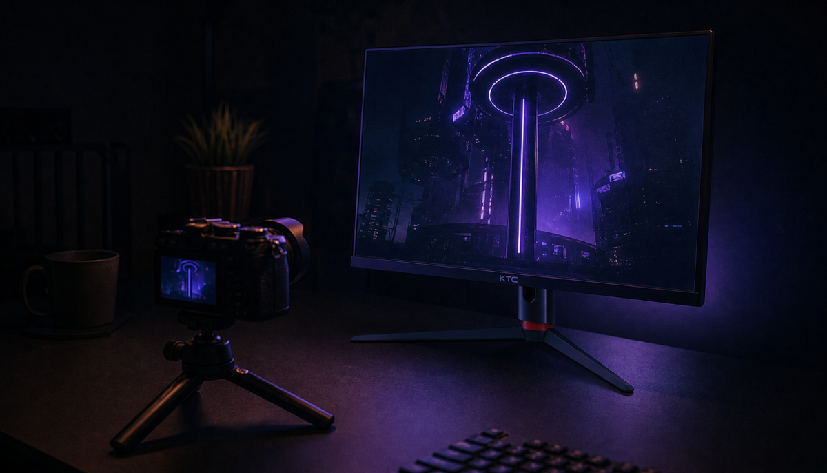 Gaming monitor displaying dark content in a dim room with a camera on a tripod aimed at the screen, illustrating how cameras interpret display black levels differently