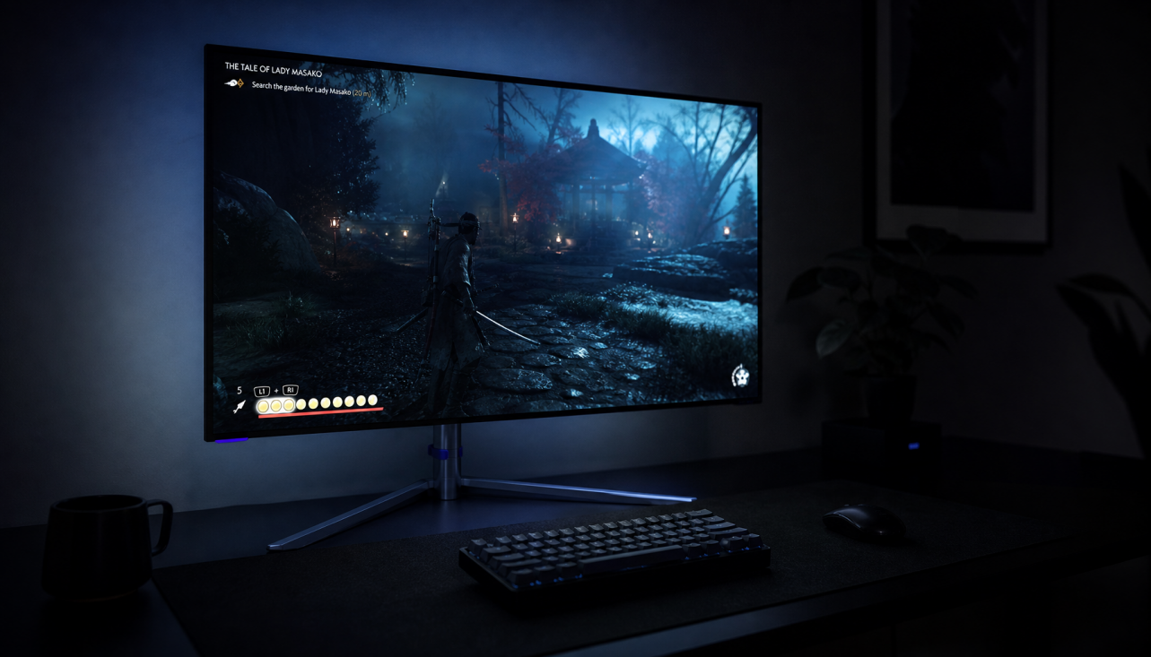 Gaming monitor displaying dark content with high contrast in a dim room setup
