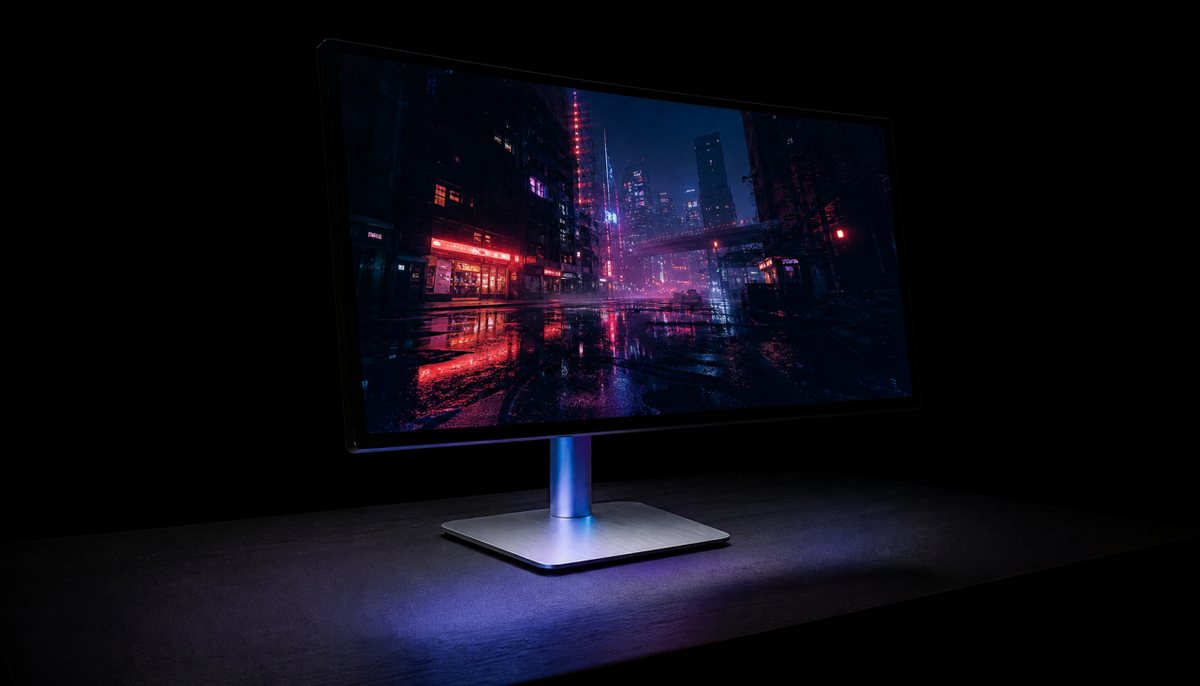 Gaming monitor displaying deep black levels in a dark room, illustrating the contrast between screen luminance and surrounding shadows