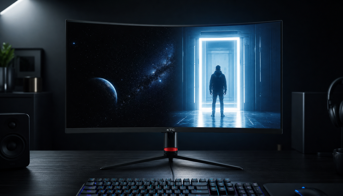 Gaming monitor displaying deep blacks alongside bright highlights to illustrate native contrast ratio in a real-world dark room setup