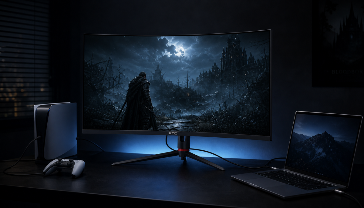 Gaming monitor displaying deep blacks in a dim room with multiple input sources connected