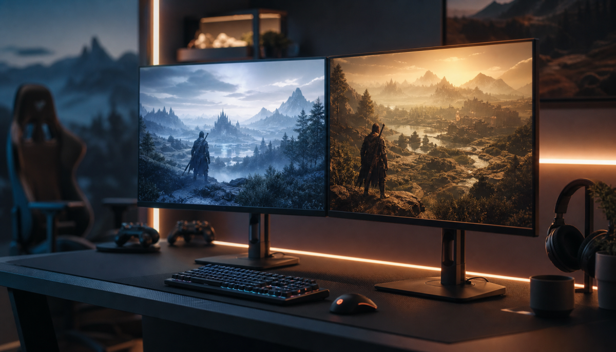 Gaming monitor displaying different color space presets — sRGB versus DCI-P3 — side by side on a dark gaming desk