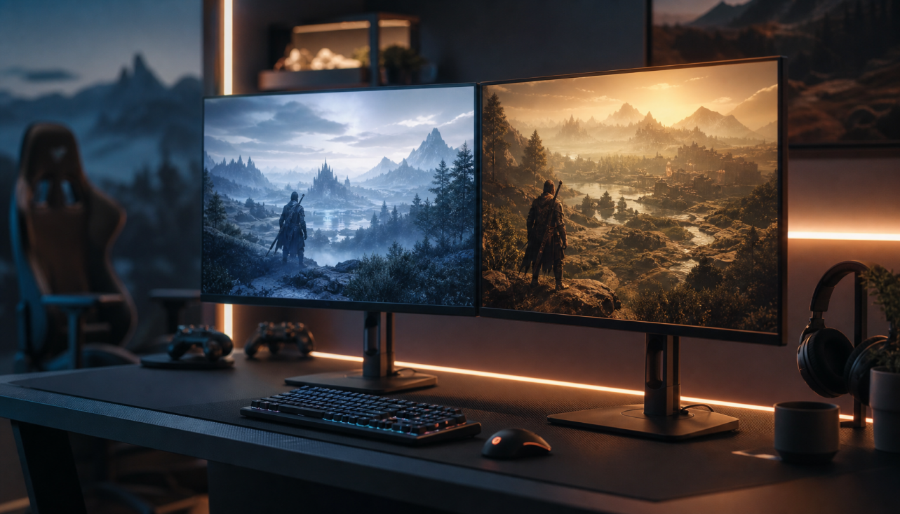 Gaming monitor displaying different color space presets — sRGB versus DCI-P3 — side by side on a dark gaming desk