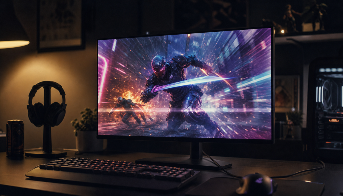 Gaming monitor displaying fast-action gameplay in a dark room, illustrating how adaptive sync can sometimes produce visible flicker artifacts