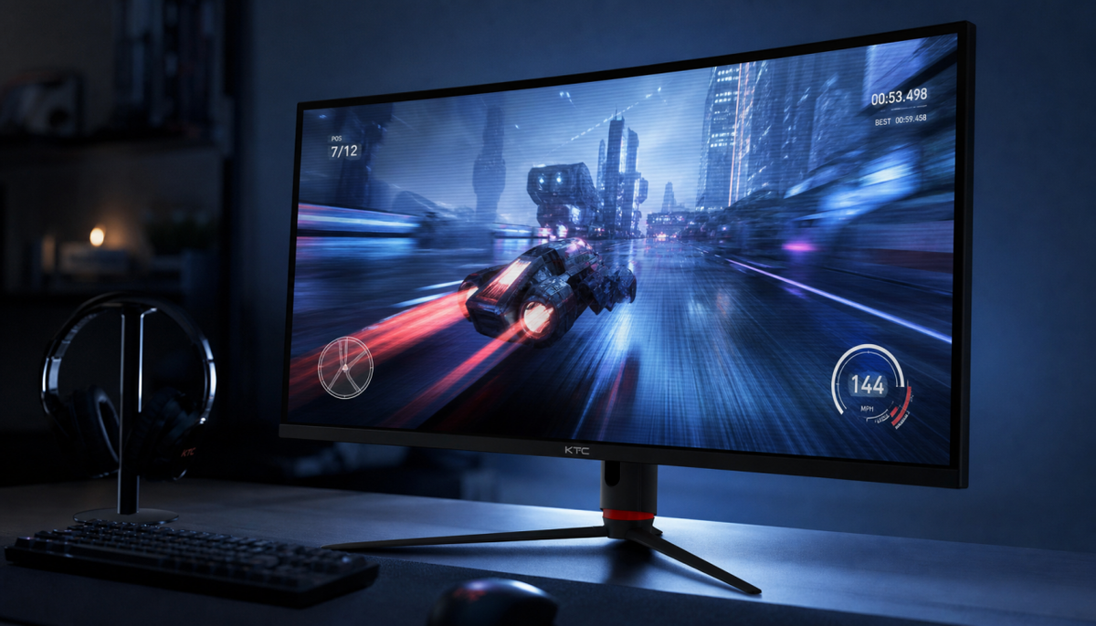 Gaming monitor displaying fast motion content with visible response time artifacts in a dark room setup