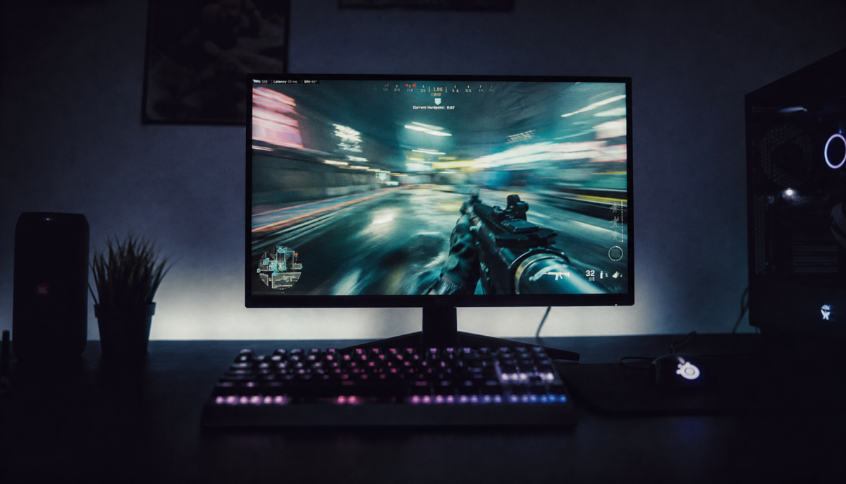 Gaming monitor displaying fast motion in a shooter game, illustrating how pixel response time affects VRR smoothness