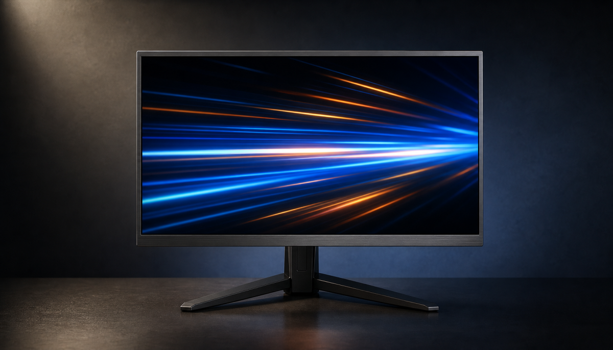 Gaming monitor displaying fast motion trails, illustrating motion blur reduction and variable refresh rate technology