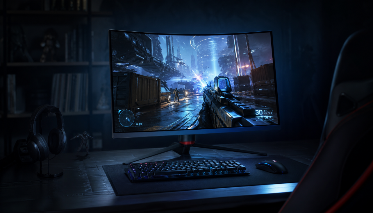 Gaming monitor displaying fast-paced FPS content in a dim room, showing the conditions where refresh rate mismatch causes screen tearing