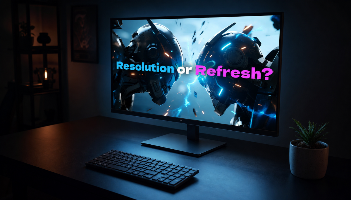 Gaming monitor displaying high-contrast content in a dim home office, illustrating how contrast ratio affects perceived image clarity