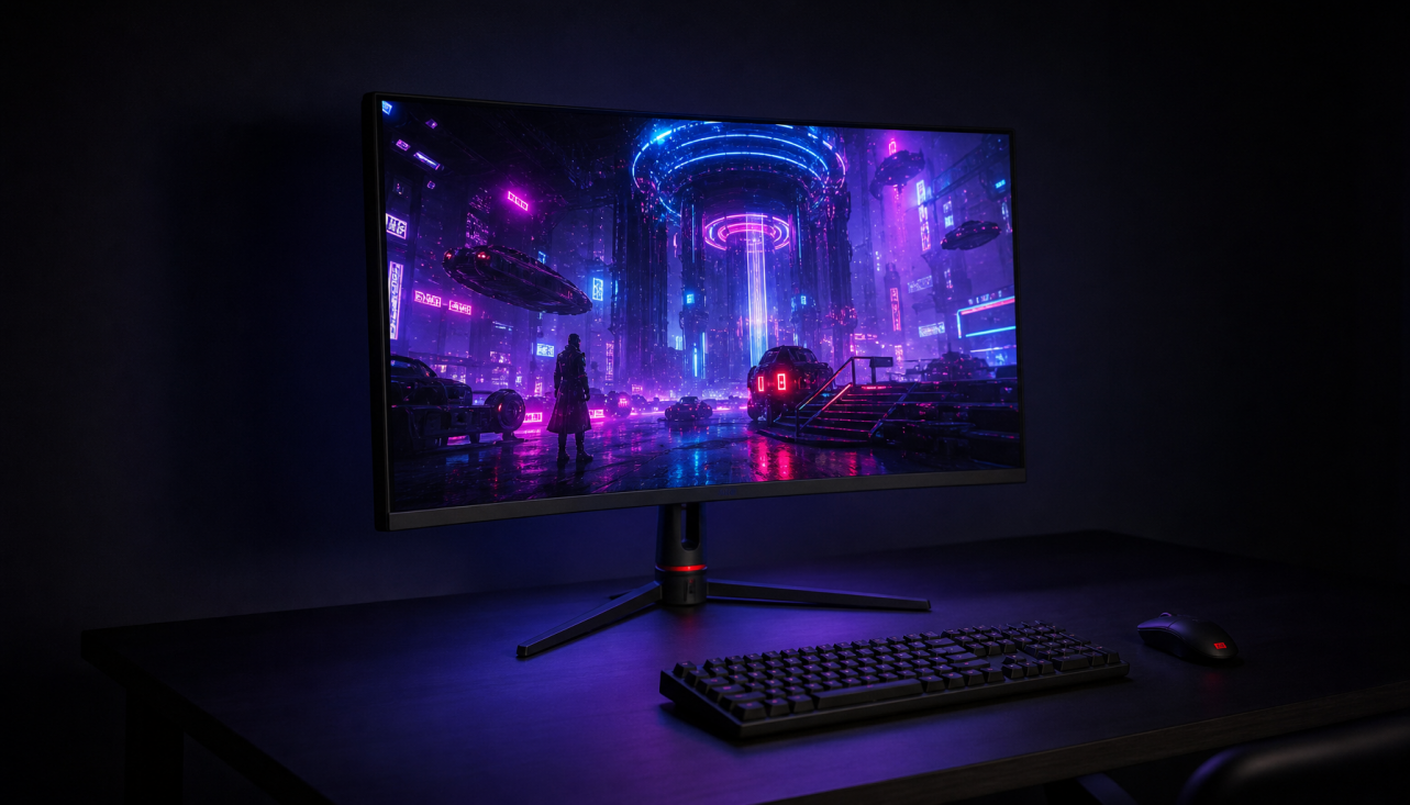 Gaming monitor displaying vivid HDR content in a dark room, showing deep contrast and bright highlights