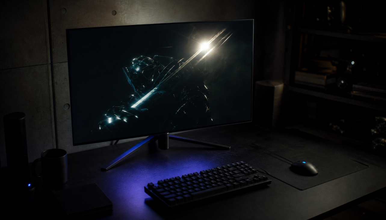 Gaming monitor displaying vivid HDR highlights against deep black in a dim room, showing how contrast ratio affects perceived brightness