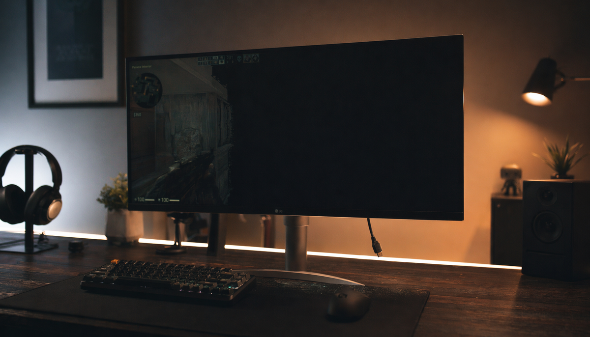 Gaming monitor experiencing a sudden signal blackout mid-session, illustrating how a stressed cable or bent pin causes intermittent display loss