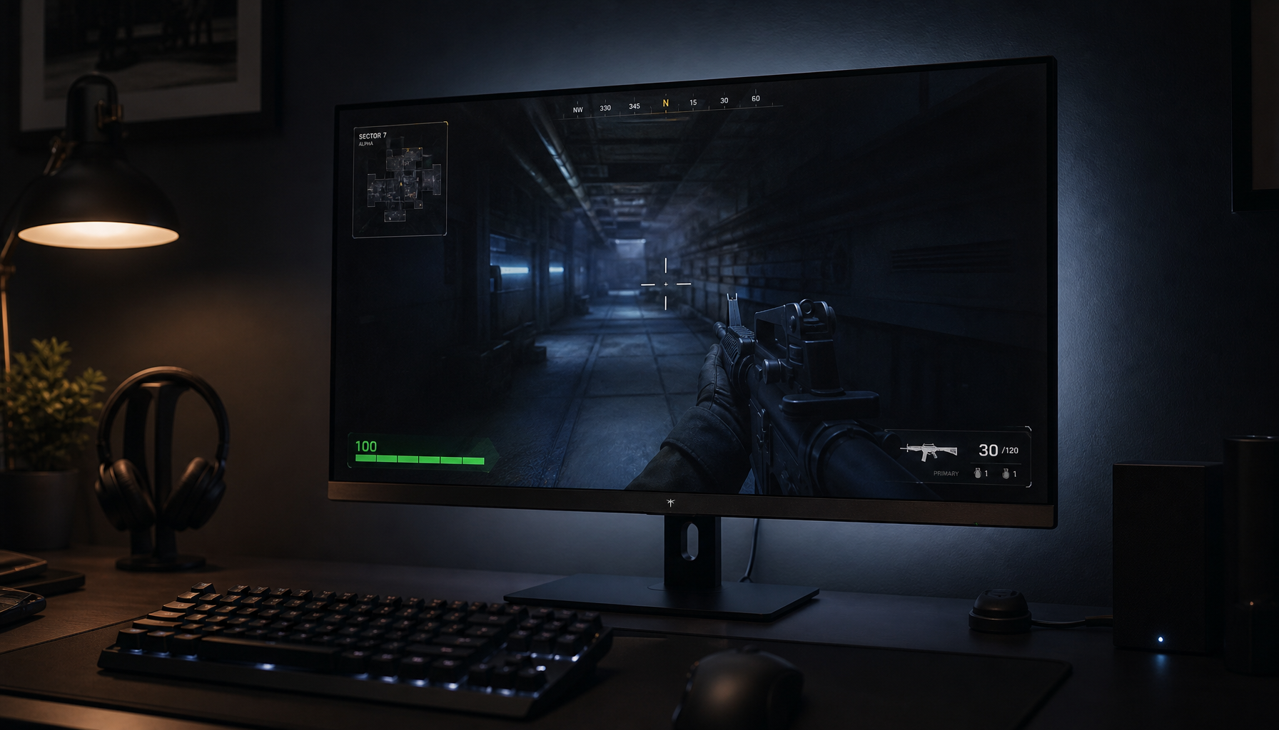 Gaming monitor in a dark room displaying a bright HUD crosshair, illustrating how motion blur reduction backlight strobing creates visible flicker in high-contrast UI elements