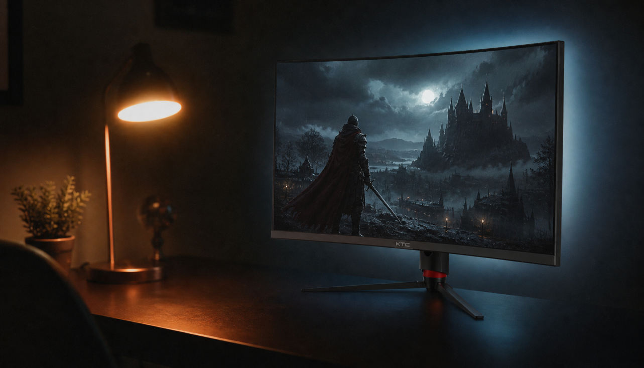 Gaming monitor in a dim room showing how ambient desk lamp light competes with screen glow to affect perceived black levels
