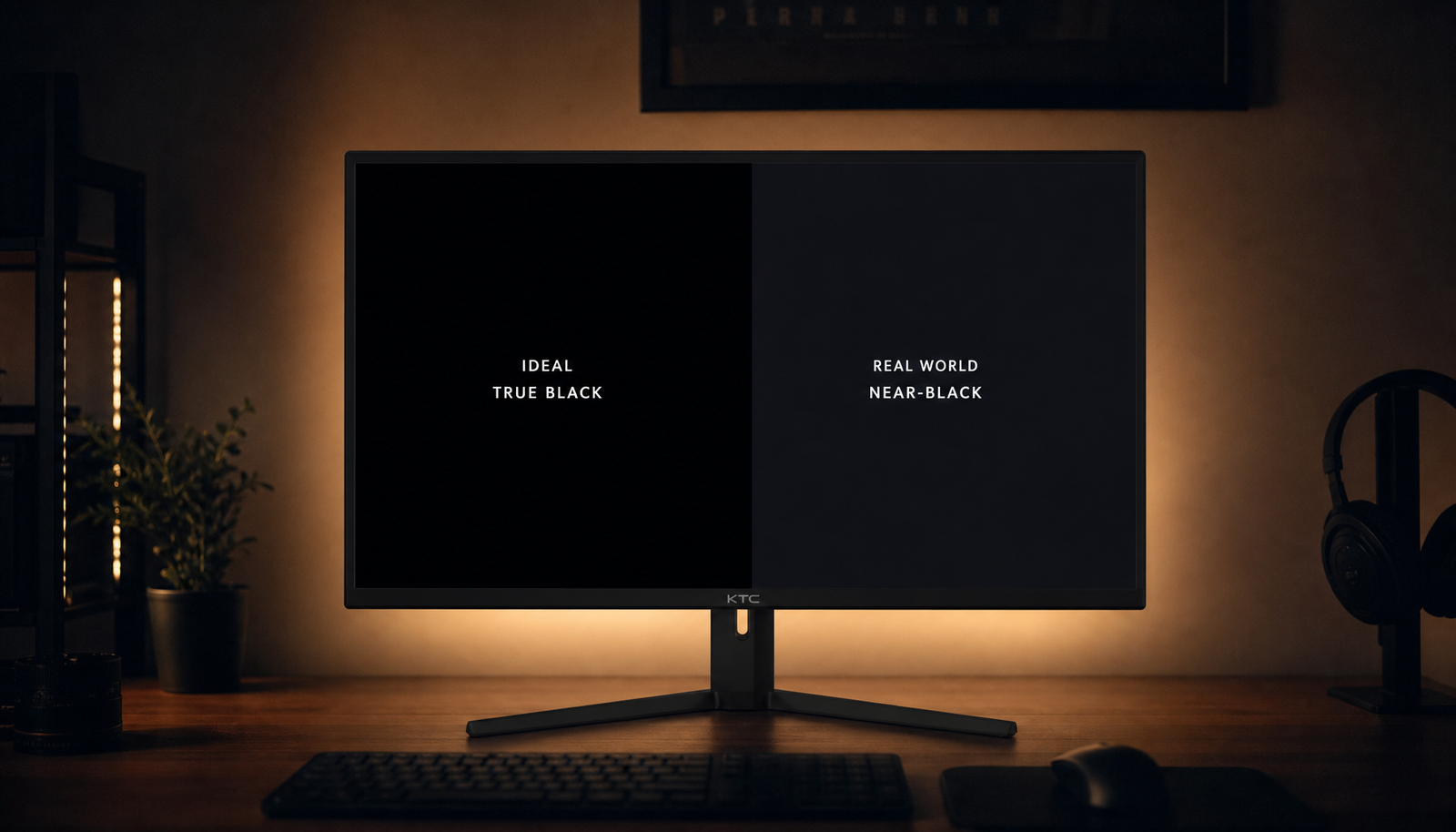 Gaming monitor in dark room showing the difference between true black and gray black levels on screen