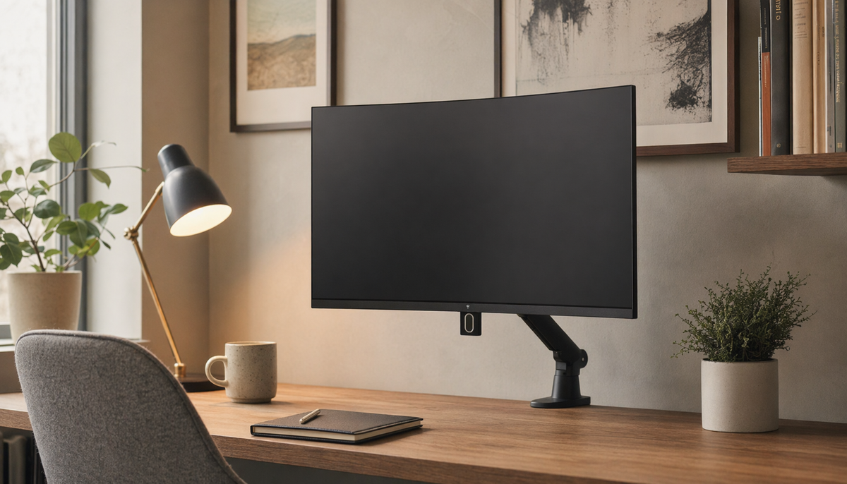 Gaming monitor integrated into a calm home office with walnut desk, monitor arm, and neutral decor